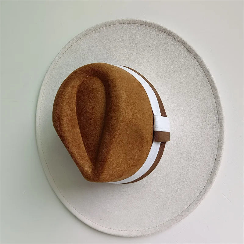 Colorblock Ribbon Colorful Suede Hat Autumn and Winter Women's Felt Hat Wide Brim Hat British Style Retro Men's Gorras Hombre