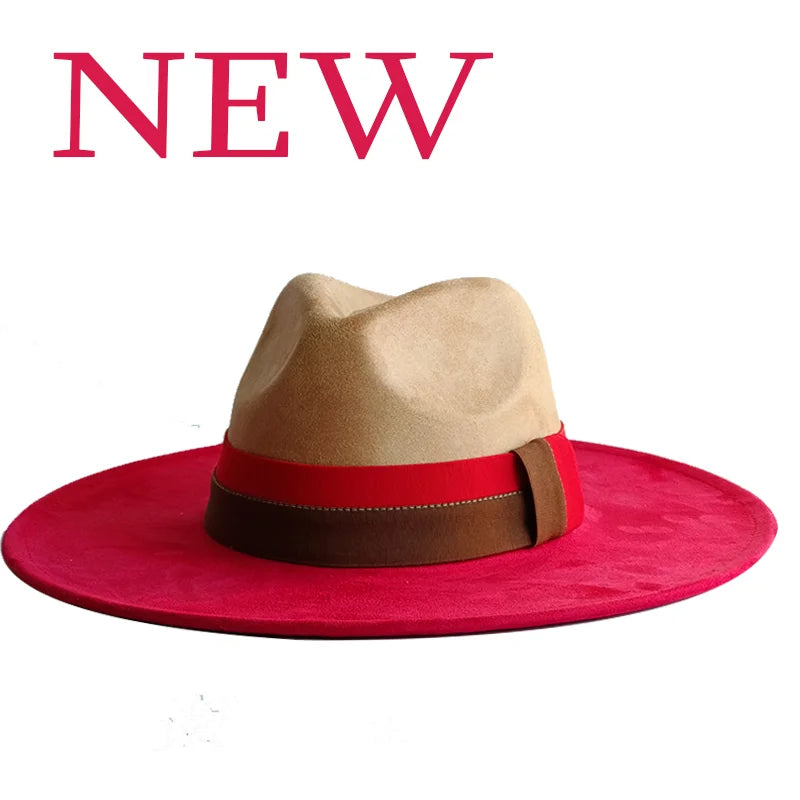 Colorblock Ribbon Colorful Suede Hat Autumn and Winter Women's Felt Hat Wide Brim Hat British Style Retro Men's Gorras Hombre
