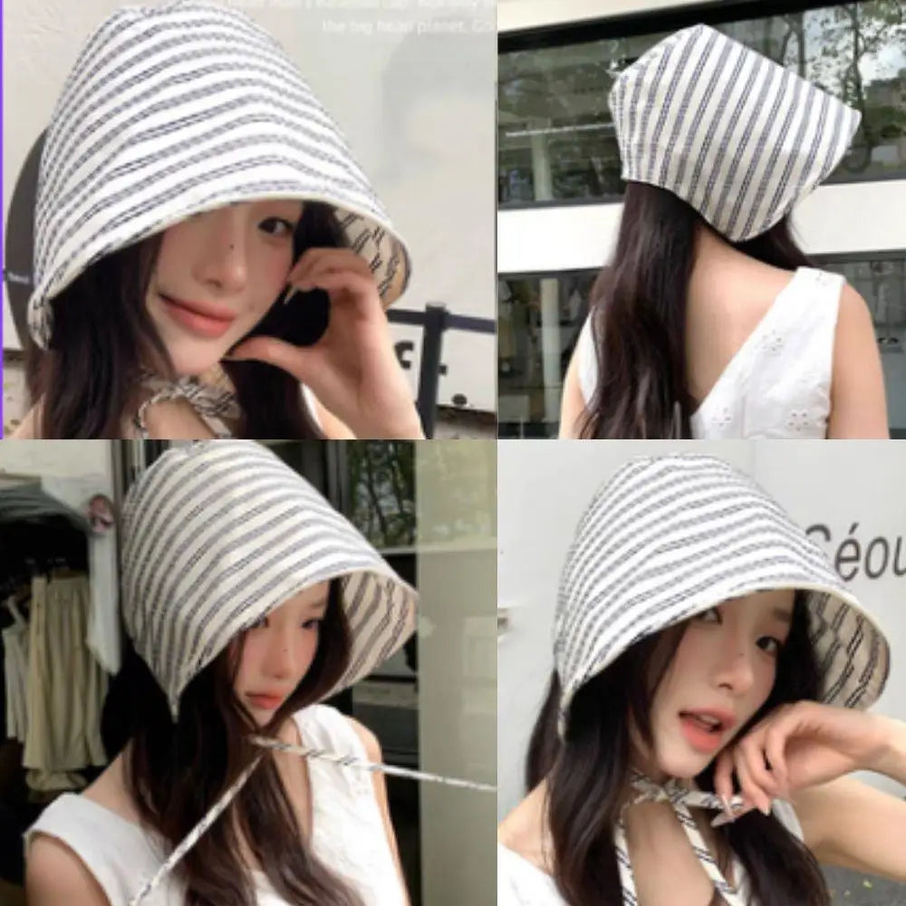 Candy Color Ponytail Sun Hat Outdoor Panama Beach Sun Cap Korean Spring Summer Striped Strap Bucket Hat For Women Men Foldable