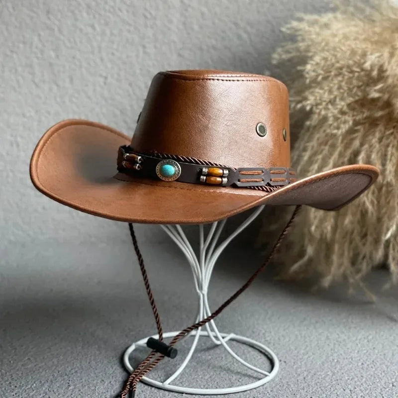 New Faux Leather Western Cowboy Hats for Women Men Vintage Gentleman Dress Hats Panama Cowgirl Jazz Cap Sombrero Hombre