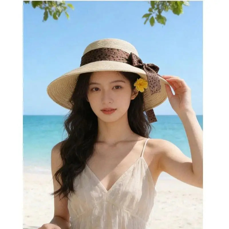 Leopard Print Bow Straw Hat – Beach and Seaside Holiday Hat for Women: Summer Outdoor Sun Hat for Sun Protection