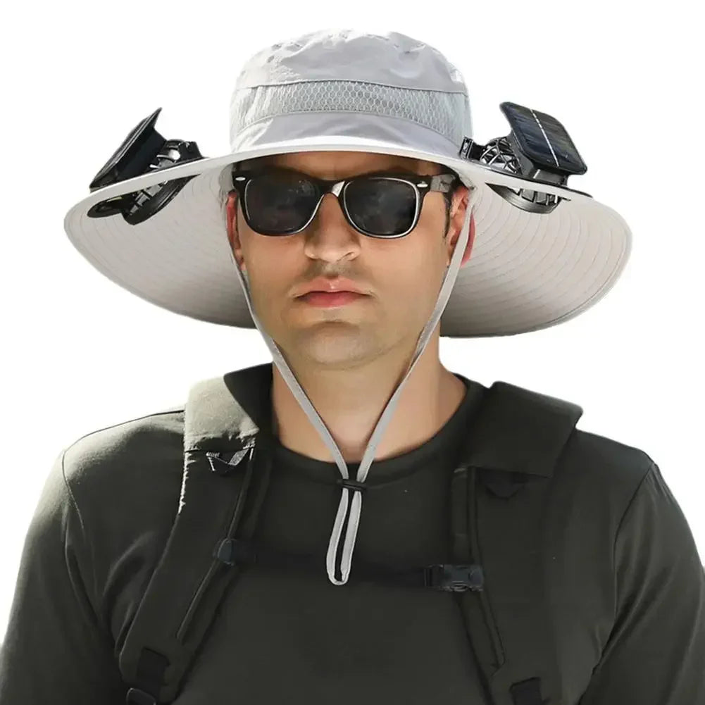 New Men's Fashion Wide Brim Solar Fan Hat UPF50+ Sun Protection with Dual Power (Solar USB) Adjustable Outdoor Beach Fishing Hat
