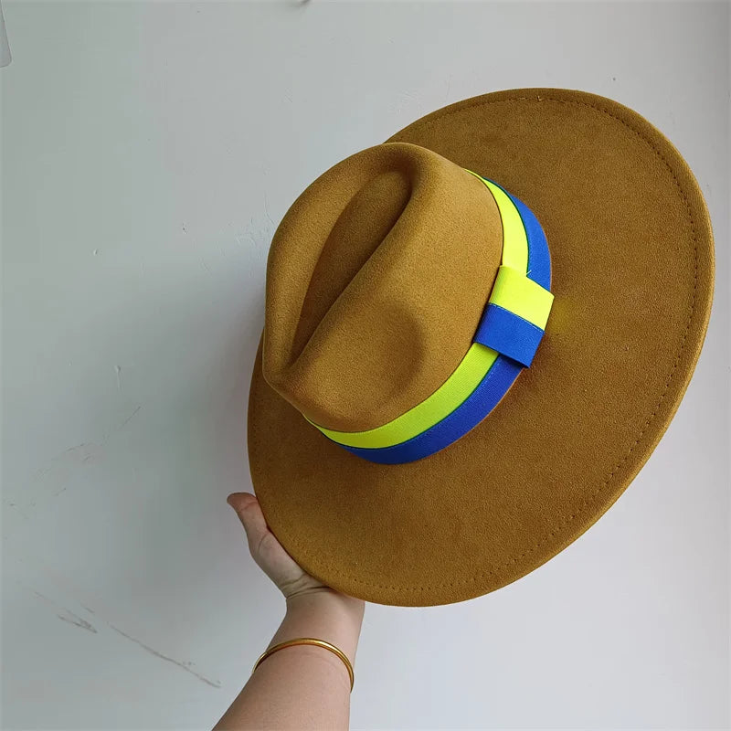 Colorblock Ribbon Colorful Suede Hat Autumn and Winter Women's Felt Hat Wide Brim Hat British Style Retro Men's Gorras Hombre