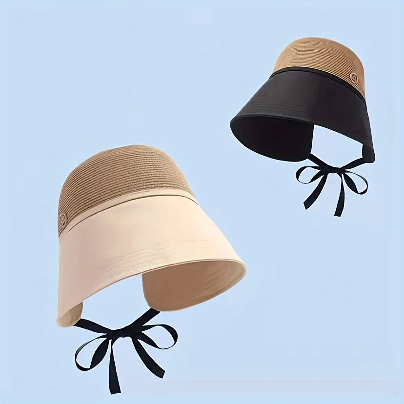 1pc Women's Versatile Patchwork Straw Hat with Pocket Scarf,Travel Sunshade Dome Wide Brim Face Cover Bucket Hat for Beach,party