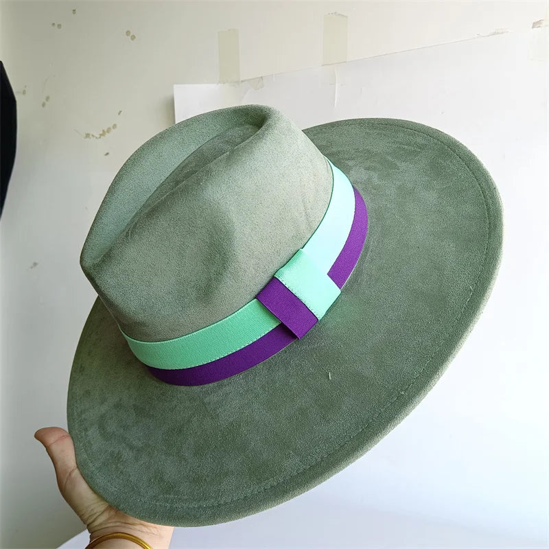 Colorblock Ribbon Colorful Suede Hat Autumn and Winter Women's Felt Hat Wide Brim Hat British Style Retro Men's Gorras Hombre