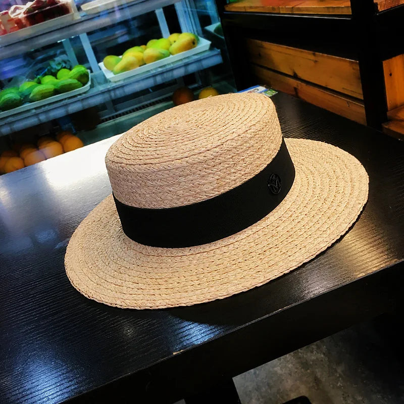 2026 Letter Raffia Boater Hats Women Summer Hat with Ribbon Band Flat Top Sun Hat Wide Brim   Ladies Canotier Beach Hat