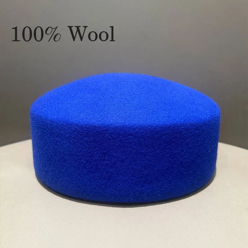 Vintage Hard Top Flat Fedoras Hats Women 100% Wool Felt Berets Hat Wedding Cocktail Party Medicine Box Hat Charming Pillbox Cap