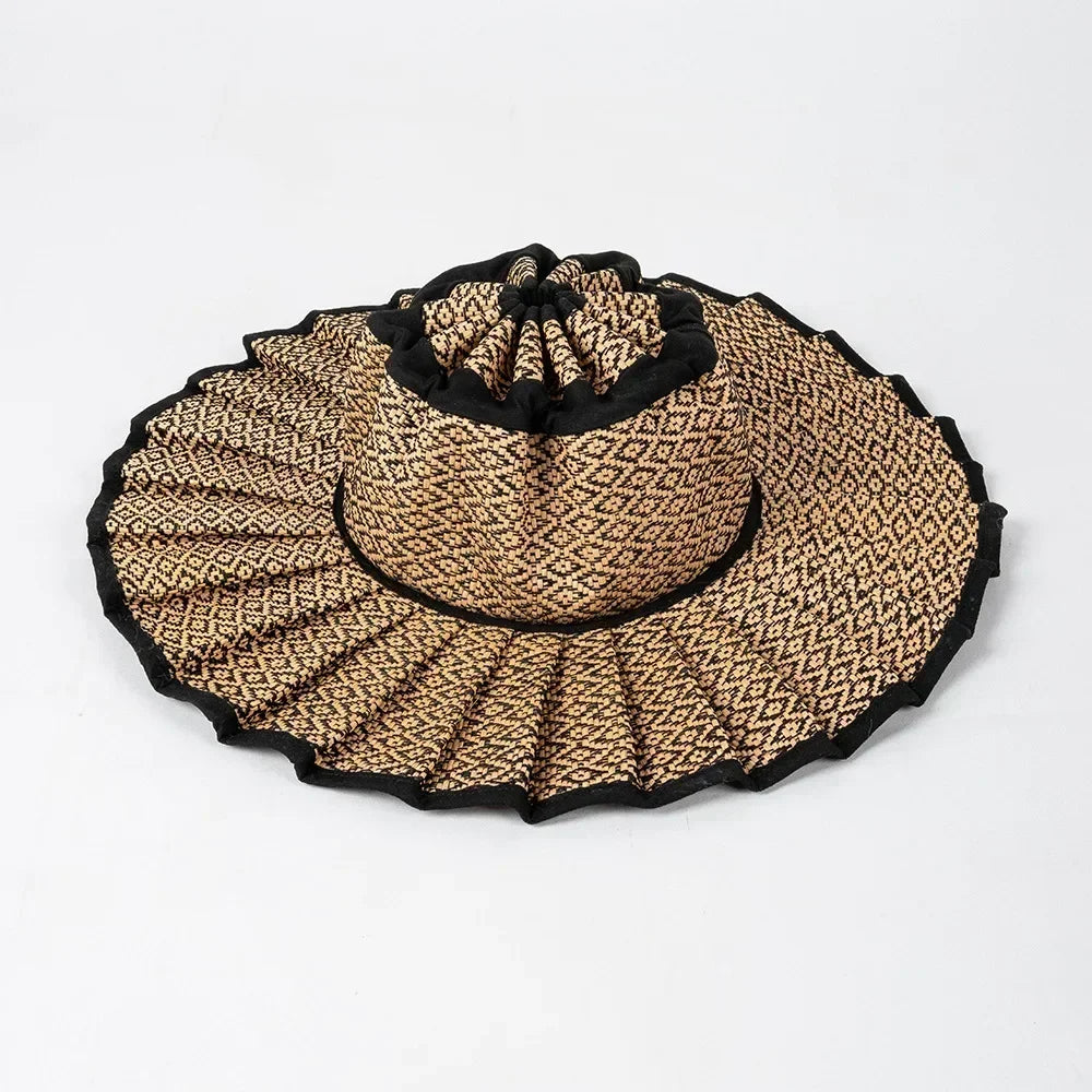 Y2K Parent-Child Summer Reversible Pleated Sun Hats for Women Casual Straw Hat Outdoor Beach Shade Straps Lady Gorras Para Mujer