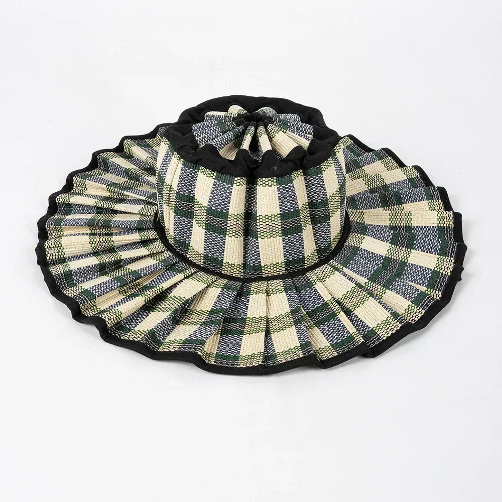 Y2K Parent-Child Summer Reversible Pleated Sun Hats for Women Casual Straw Hat Outdoor Beach Shade Straps Lady Gorras Para Mujer