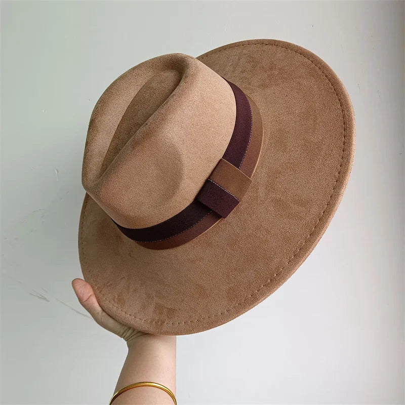 Colorblock Ribbon Colorful Suede Hat Autumn and Winter Women's Felt Hat Wide Brim Hat British Style Retro Men's Gorras Hombre