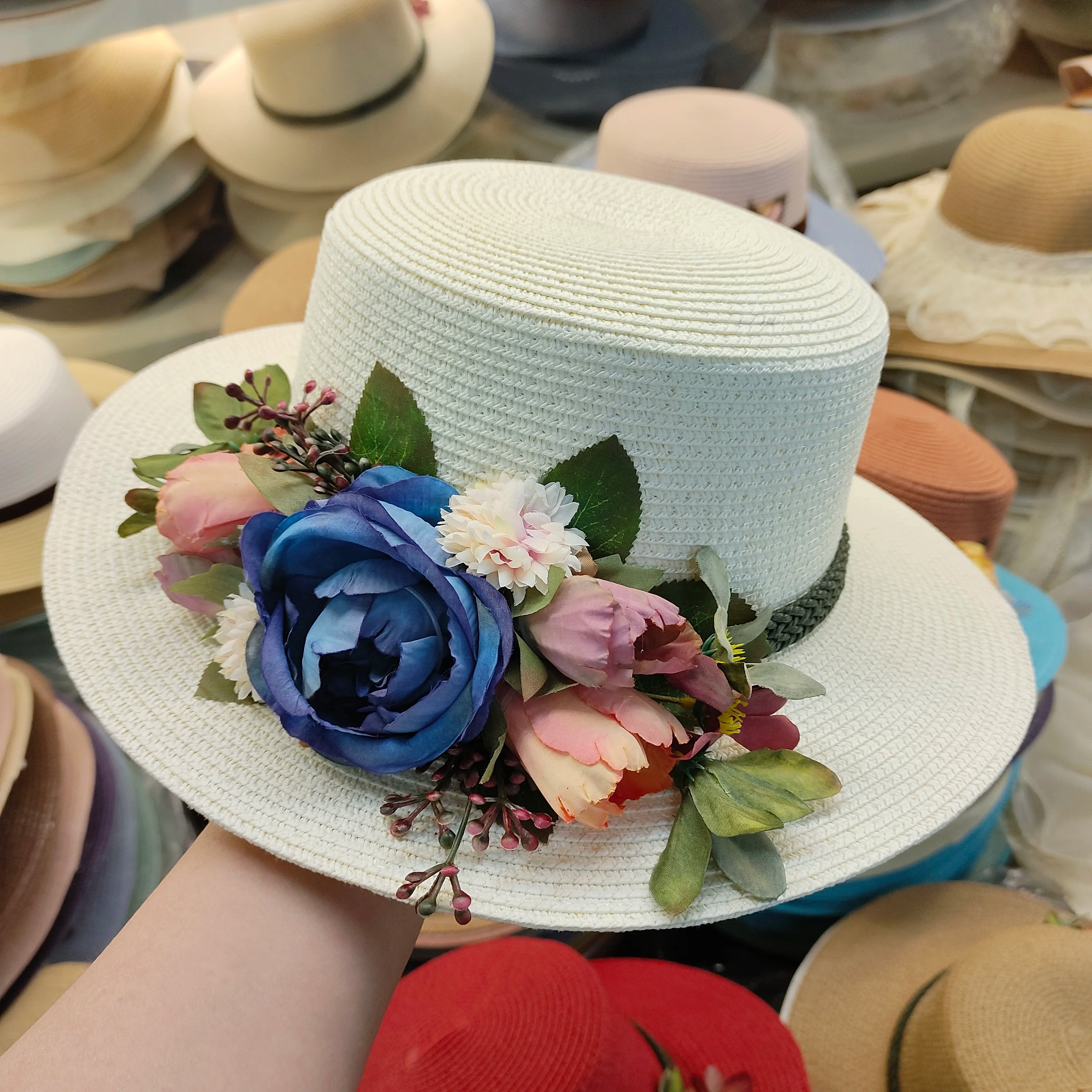 flower hat sunscreen women's flat hat beach hat Barrel cap sun hat spring summer outdoor breathable sunshade straw hat wholesale