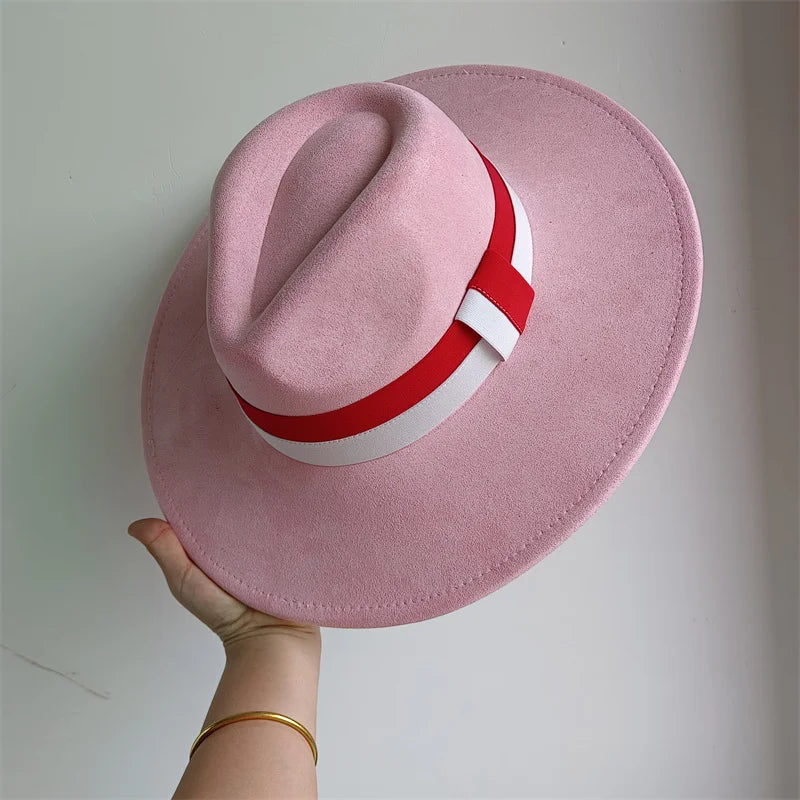 Colorblock Ribbon Colorful Suede Hat Autumn and Winter Women's Felt Hat Wide Brim Hat British Style Retro Men's Gorras Hombre