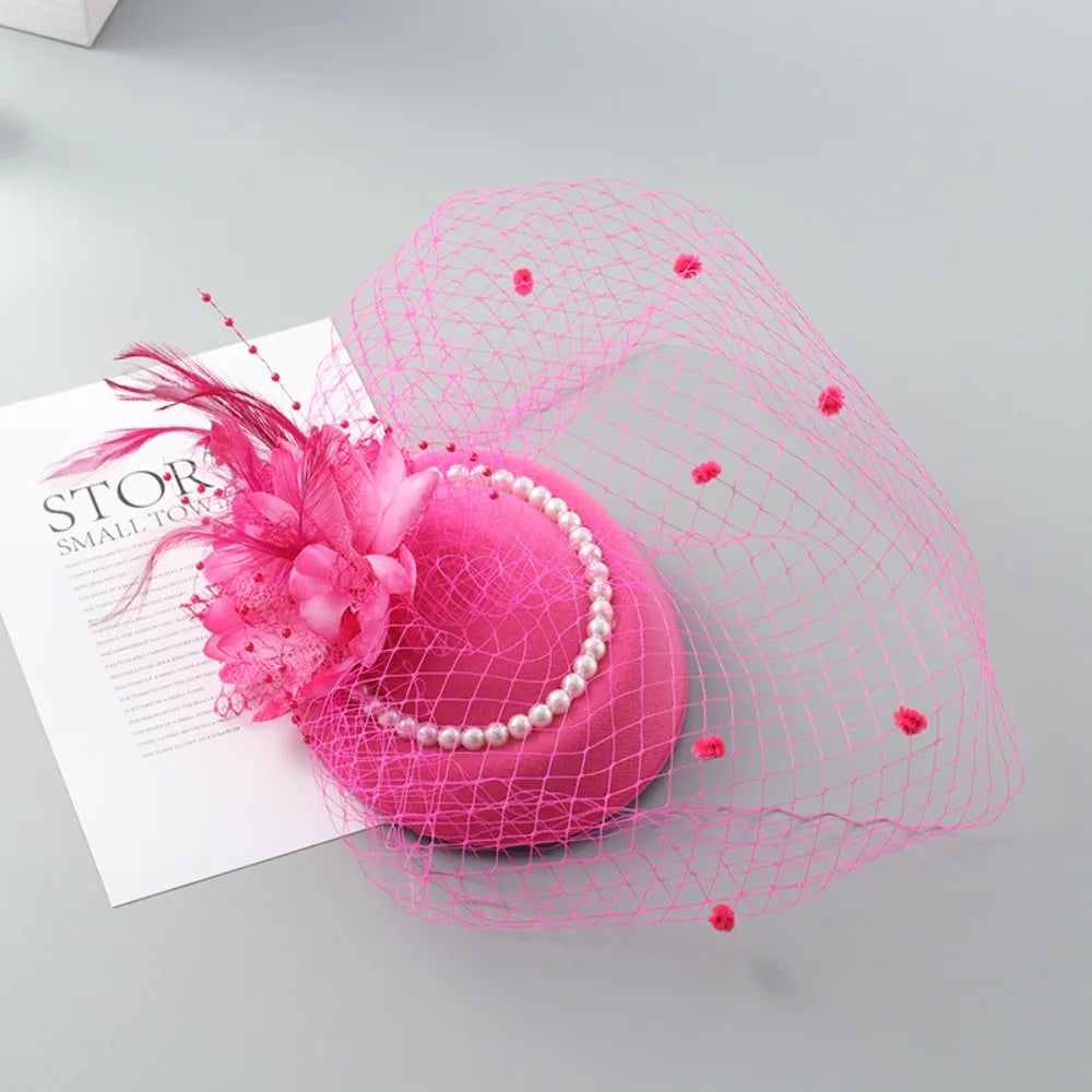 New Elegant Bridal Headwear Vintage Mesh Wedding Veil Hat Temperament Pearl Flower Fascinators Hat For Women
