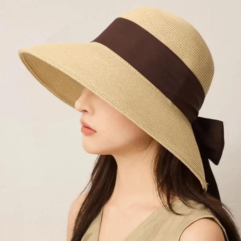 Summer Wide-Brimmed Sun Hat with Bow Ribbon Holiday Outing Sun Protection Straw Fisherman's Hat