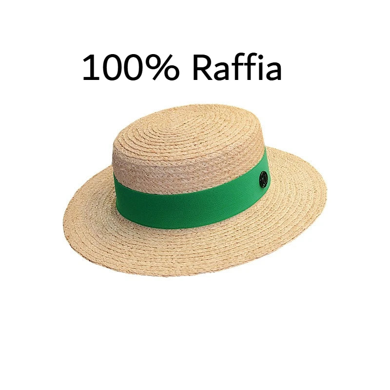 2026 Letter Raffia Boater Hats Women Summer Hat with Ribbon Band Flat Top Sun Hat Wide Brim   Ladies Canotier Beach Hat