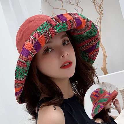 Hat women's summer big edge double-sided sunshade bucket hat Korean version versatile ethnic style travel sun protection Cap