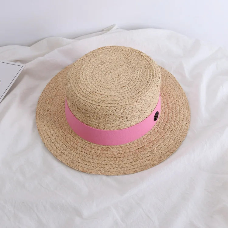 2026 Letter Raffia Boater Hats Women Summer Hat with Ribbon Band Flat Top Sun Hat Wide Brim   Ladies Canotier Beach Hat