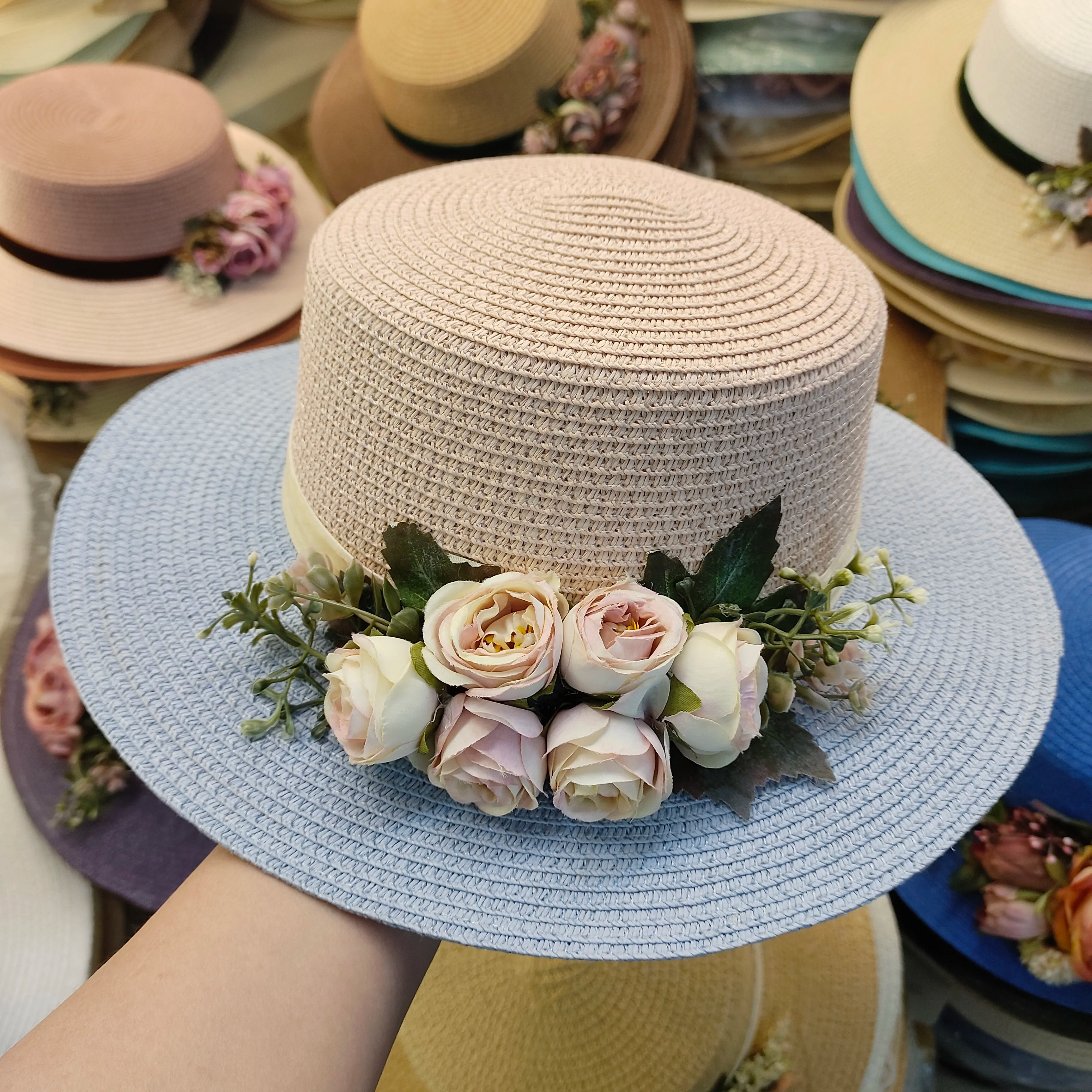 flower hat sunscreen women's flat hat beach hat Barrel cap sun hat spring summer outdoor breathable sunshade straw hat wholesale