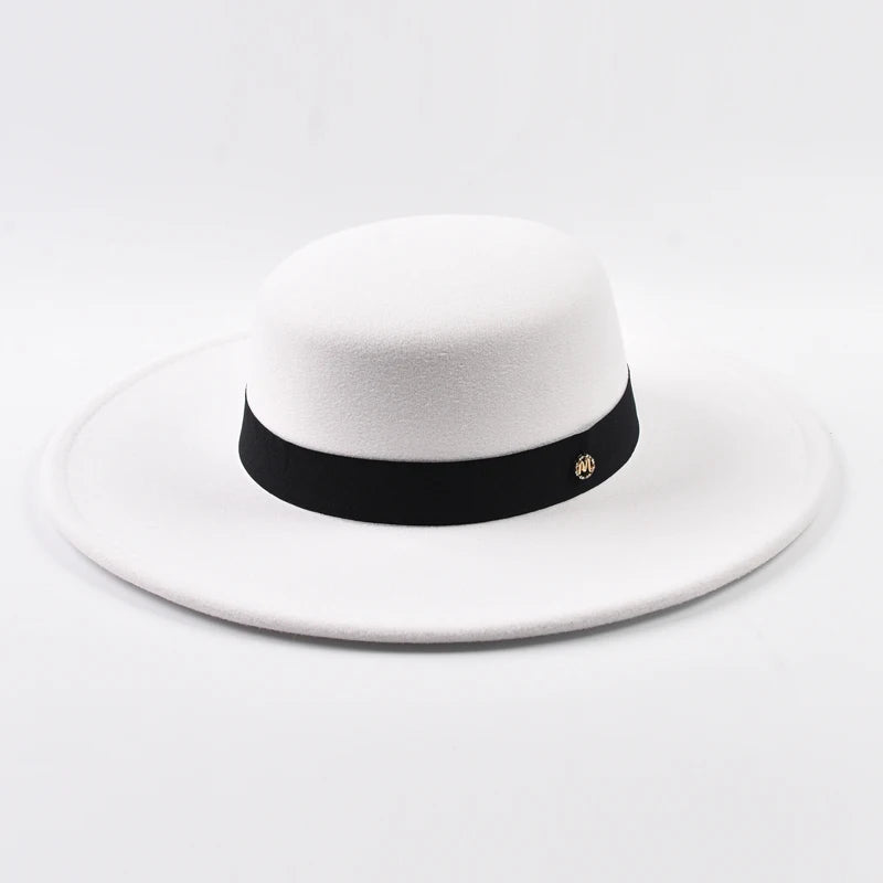 French Style Fedora Hat for Women Autumn Winter 10CM Wide Brim Flat Top Felt Hat Fashion Derby Wedding Jazz Hats