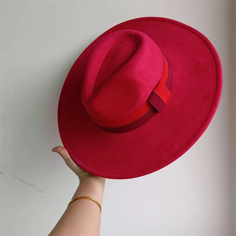 Colorblock Ribbon Colorful Suede Hat Autumn and Winter Women's Felt Hat Wide Brim Hat British Style Retro Men's Gorras Hombre
