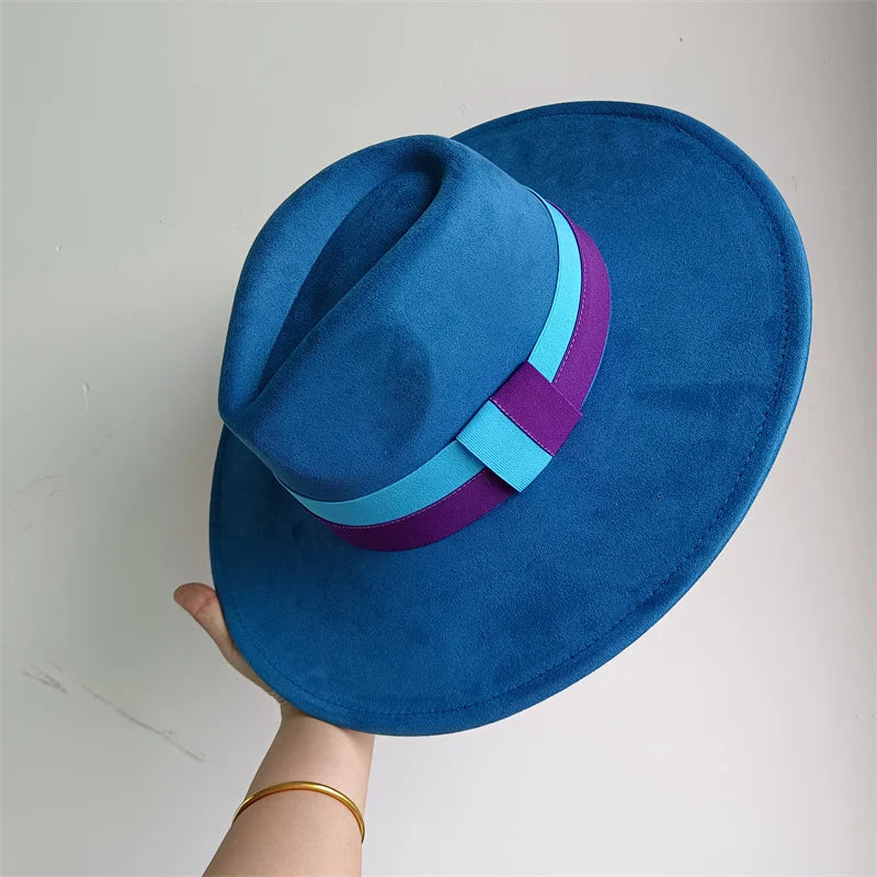 Colorblock Ribbon Colorful Suede Hat Autumn and Winter Women's Felt Hat Wide Brim Hat British Style Retro Men's Gorras Hombre