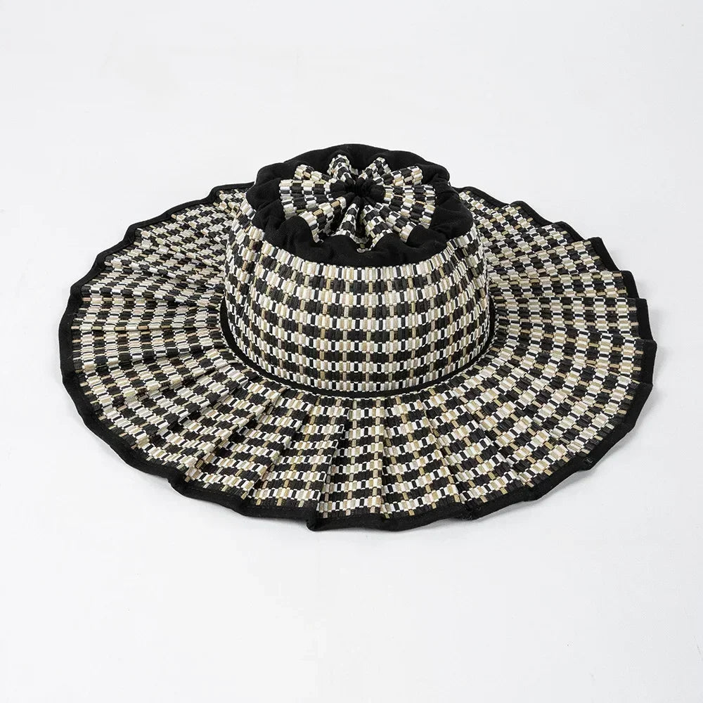 Y2K Parent-Child Summer Reversible Pleated Sun Hats for Women Casual Straw Hat Outdoor Beach Shade Straps Lady Gorras Para Mujer