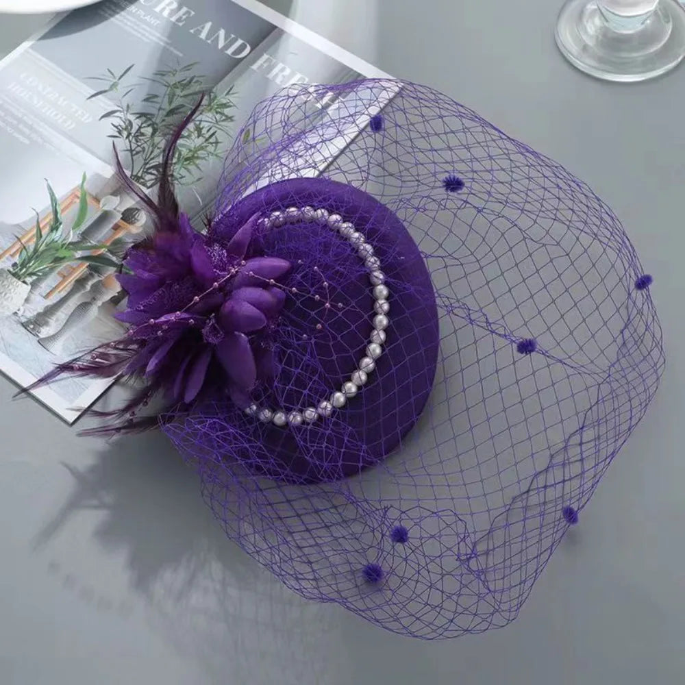 New Elegant Bridal Headwear Vintage Mesh Wedding Veil Hat Temperament Pearl Flower Fascinators Hat For Women
