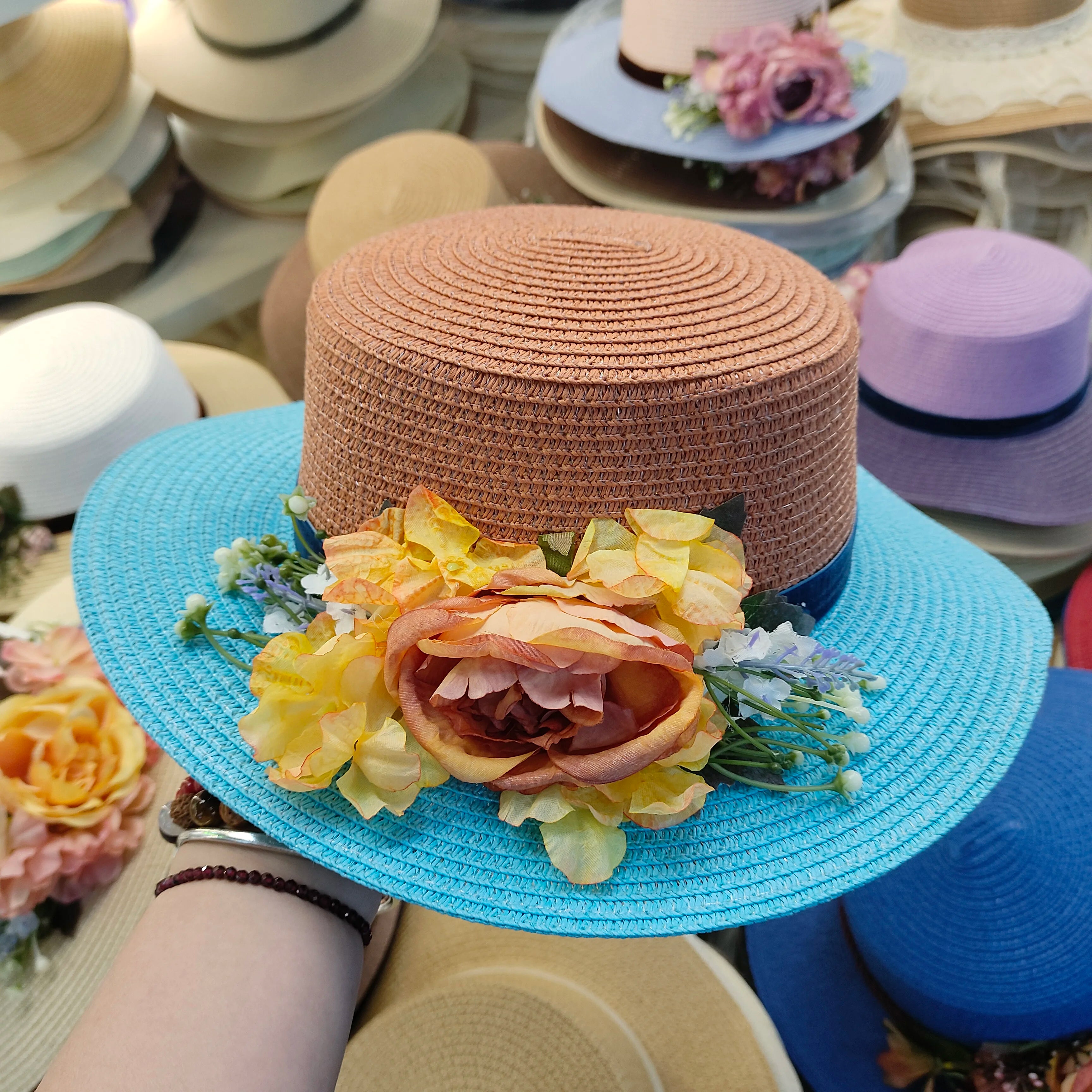 flower hat sunscreen women's flat hat beach hat Barrel cap sun hat spring summer outdoor breathable sunshade straw hat wholesale