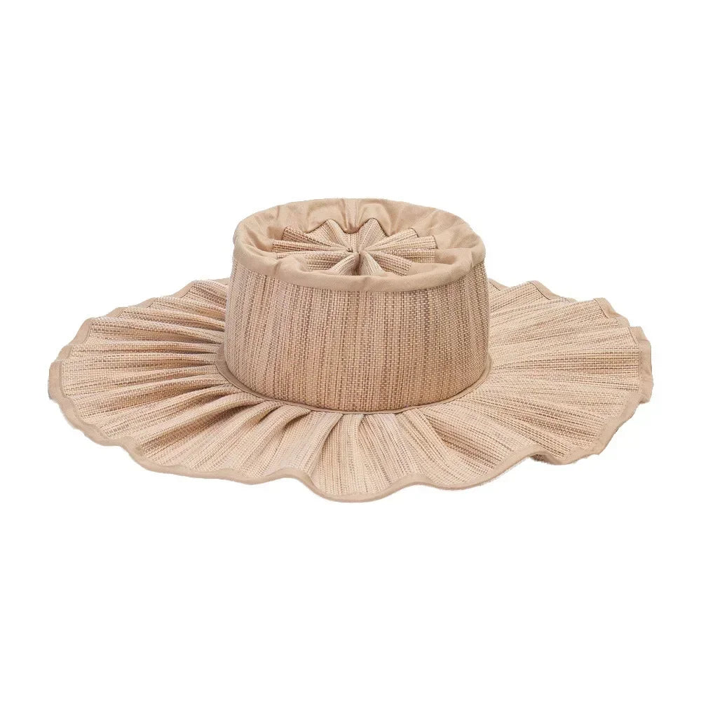 Y2K Parent-Child Summer Reversible Pleated Sun Hats for Women Casual Straw Hat Outdoor Beach Shade Straps Lady Gorras Para Mujer