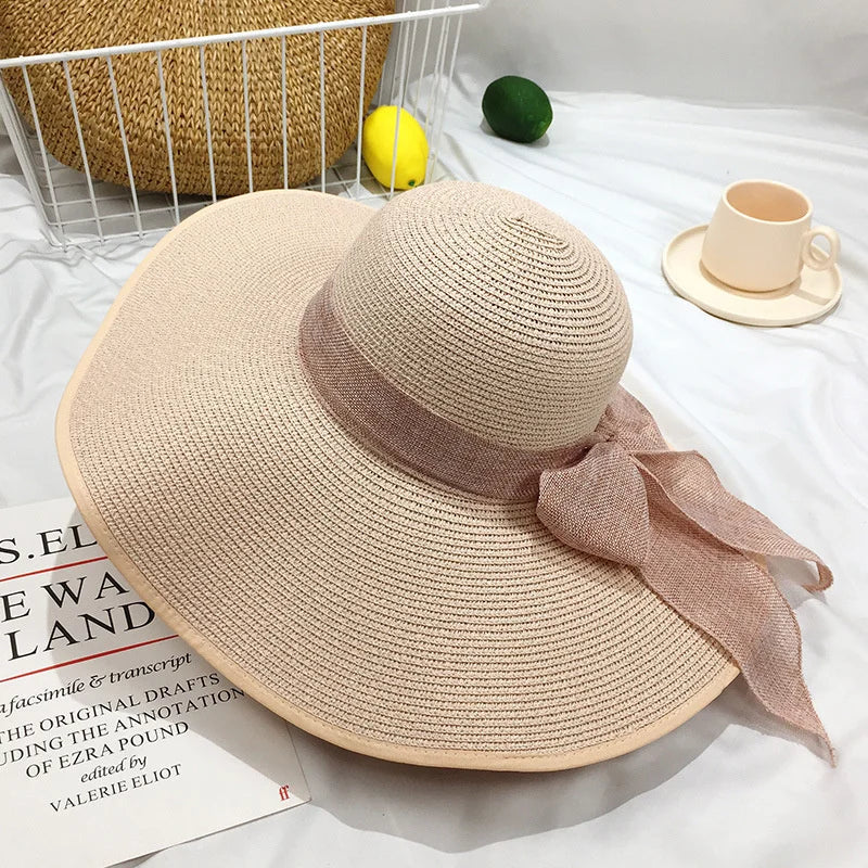 Women Summer Beach Travel Straw Hat Korean Seaside Big Hat Brim Sunblock Sunshade Holiday Foldable Fashion Big Cool Hat