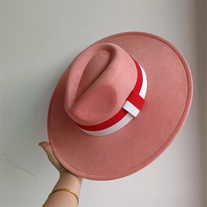 Colorblock Ribbon Colorful Suede Hat Autumn and Winter Women's Felt Hat Wide Brim Hat British Style Retro Men's Gorras Hombre