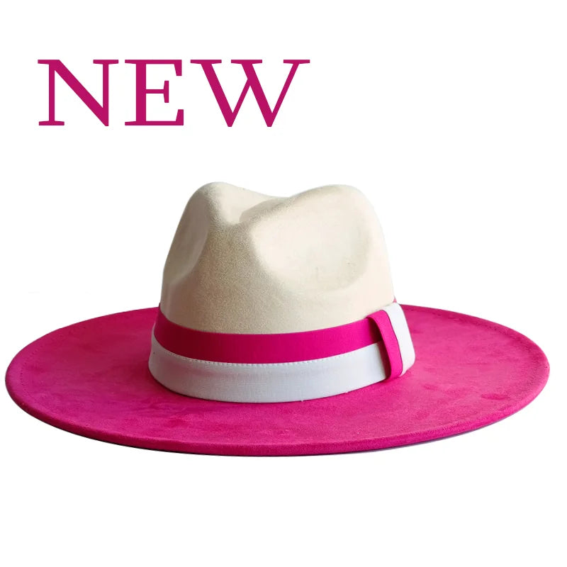 Colorblock Ribbon Colorful Suede Hat Autumn and Winter Women's Felt Hat Wide Brim Hat British Style Retro Men's Gorras Hombre