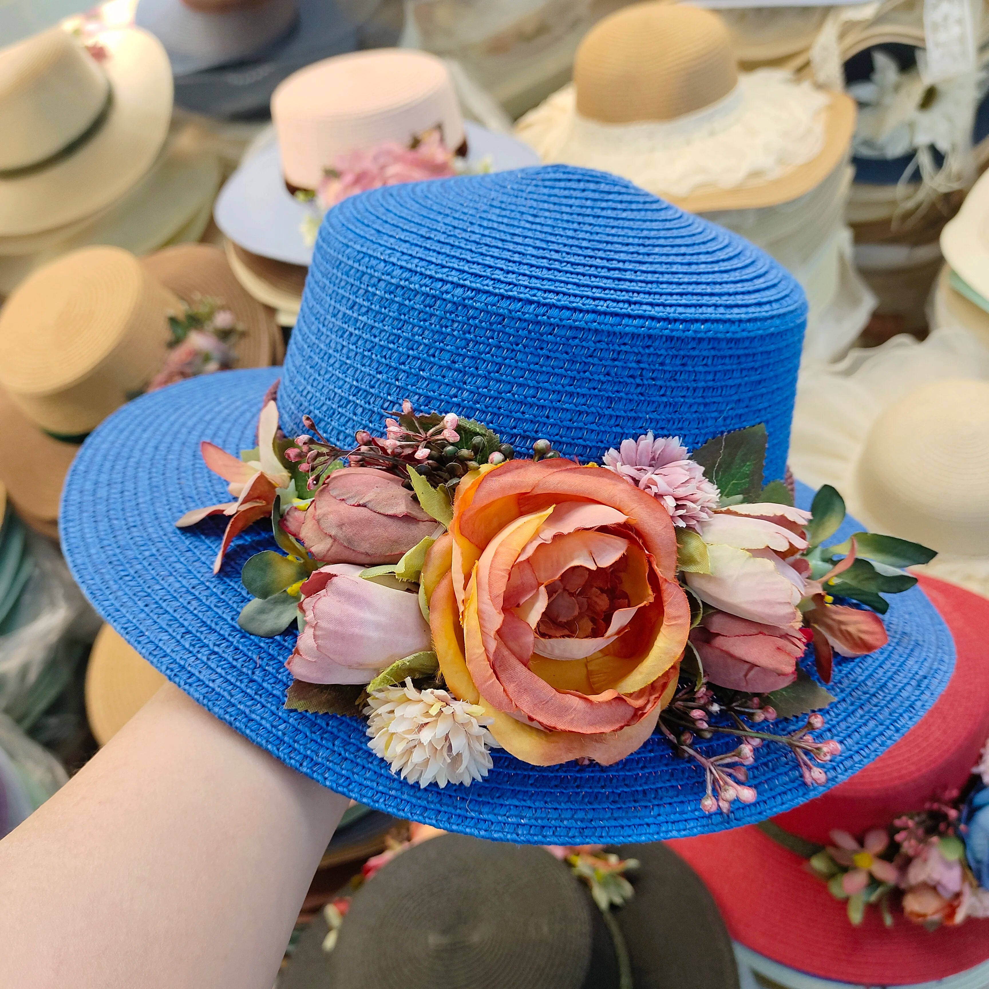 flower hat sunscreen women's flat hat beach hat Barrel cap sun hat spring summer outdoor breathable sunshade straw hat wholesale