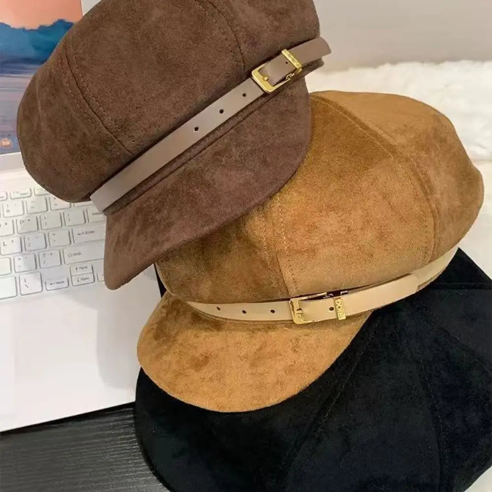 Personality British Style Pu Leather Beret Belt Buckle Brown Suede Octagonal Hat Artist Hat Korean Style Painter Hat Ladies