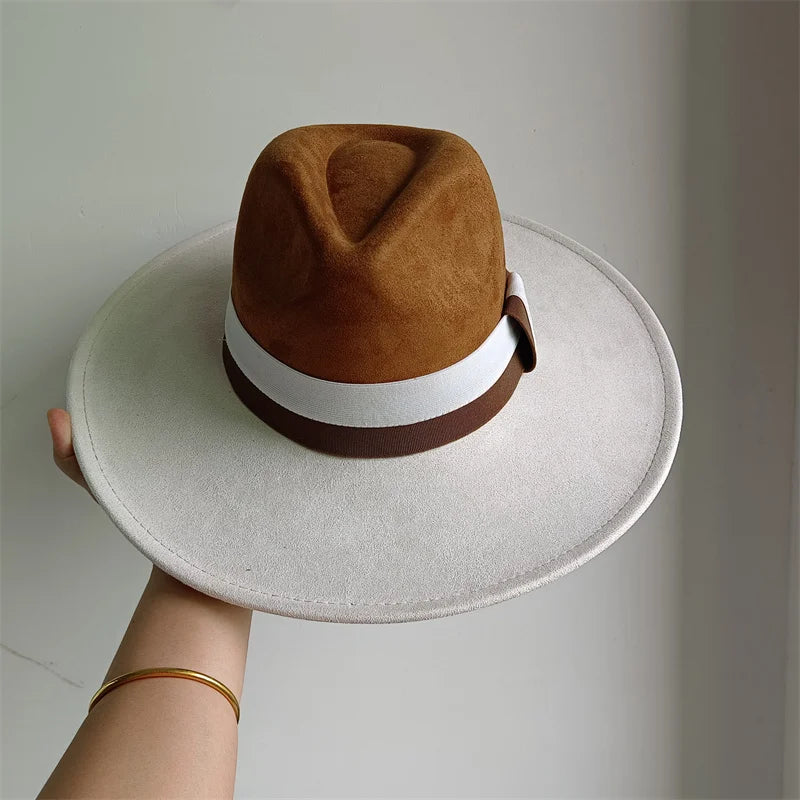 Colorblock Ribbon Colorful Suede Hat Autumn and Winter Women's Felt Hat Wide Brim Hat British Style Retro Men's Gorras Hombre