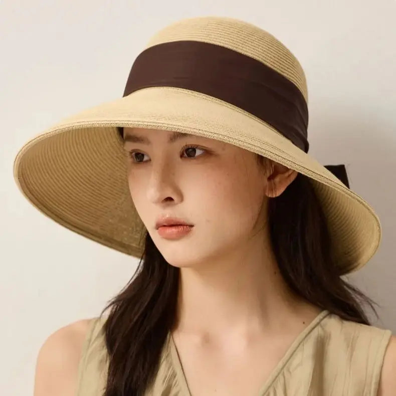 Summer Wide-Brimmed Sun Hat with Bow Ribbon Holiday Outing Sun Protection Straw Fisherman's Hat