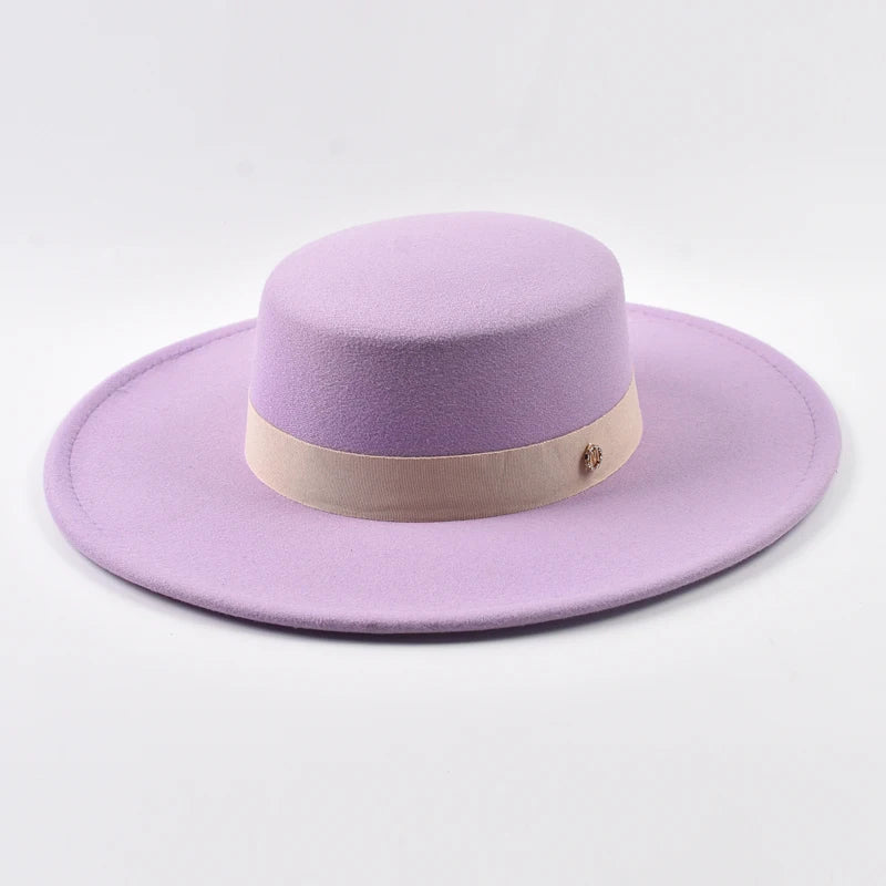 French Style Fedora Hat for Women Autumn Winter 10CM Wide Brim Flat Top Felt Hat Fashion Derby Wedding Jazz Hats