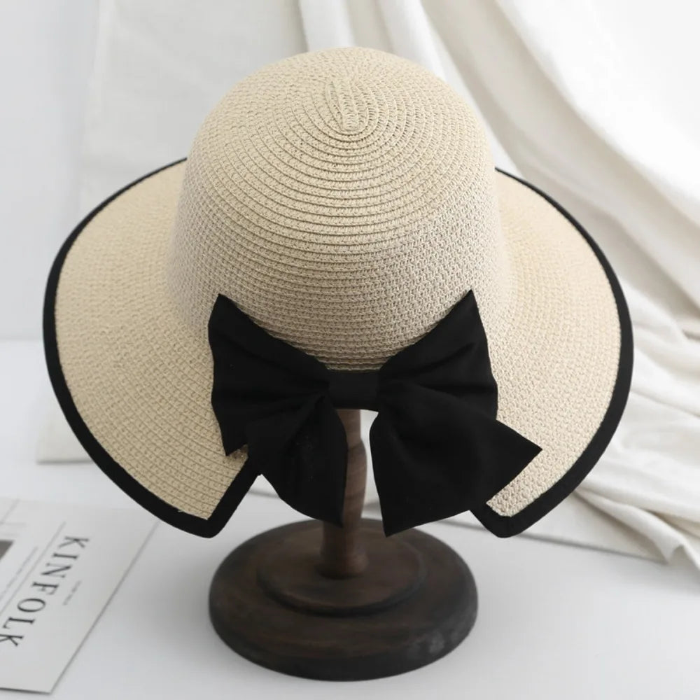 Elegant Womens Straw Hat Lady Beach Hat Summer Sun Floppy Wide Brim Foldable Bucket Cap Sunscreen Hat For Outdoor Camping Hiking