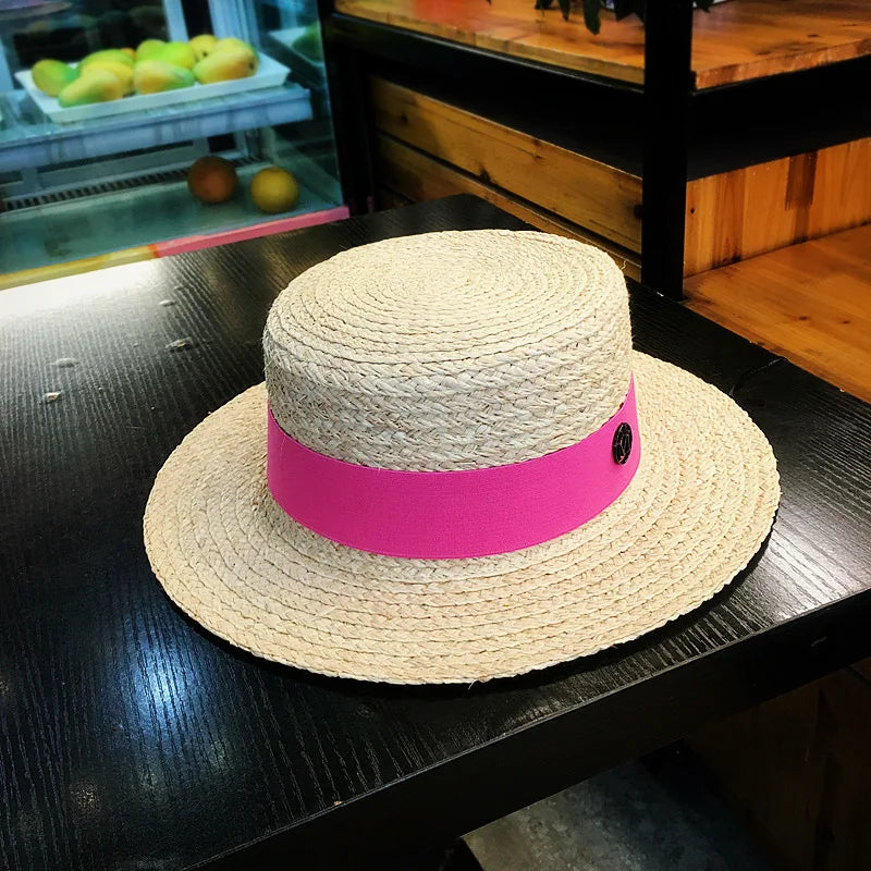 2026 Letter Raffia Boater Hats Women Summer Hat with Ribbon Band Flat Top Sun Hat Wide Brim   Ladies Canotier Beach Hat