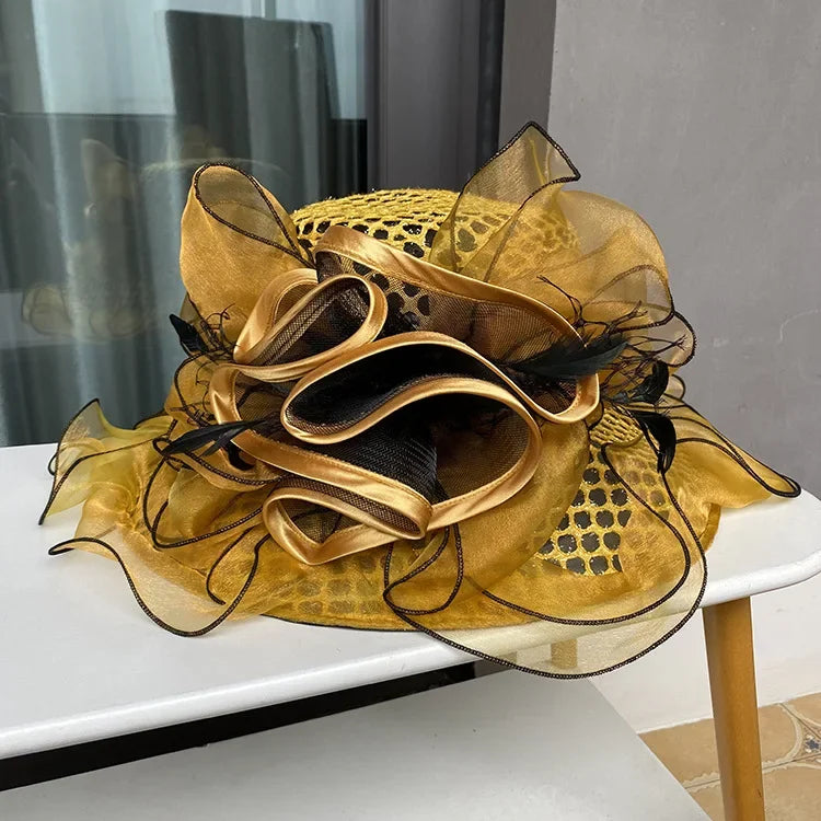 New Arrival Women's Summer Sun Hat, Wide Brim Organza Mesh Lurex Flower, Thin Beach Sun Hat