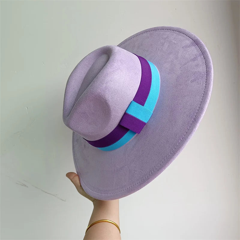 Colorblock Ribbon Colorful Suede Hat Autumn and Winter Women's Felt Hat Wide Brim Hat British Style Retro Men's Gorras Hombre