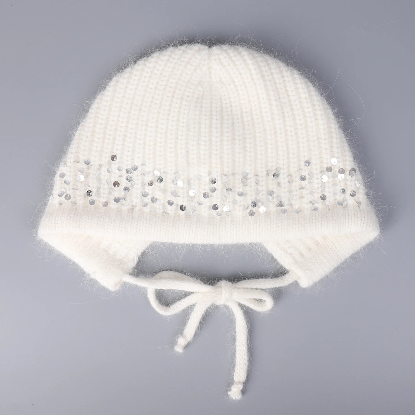 Sequined Knitted Rabbit Fur Blended Split Design Woolen Bomber Cap Women Winter Warmth Outdoor Protection Ear Knitted Beanie Cap