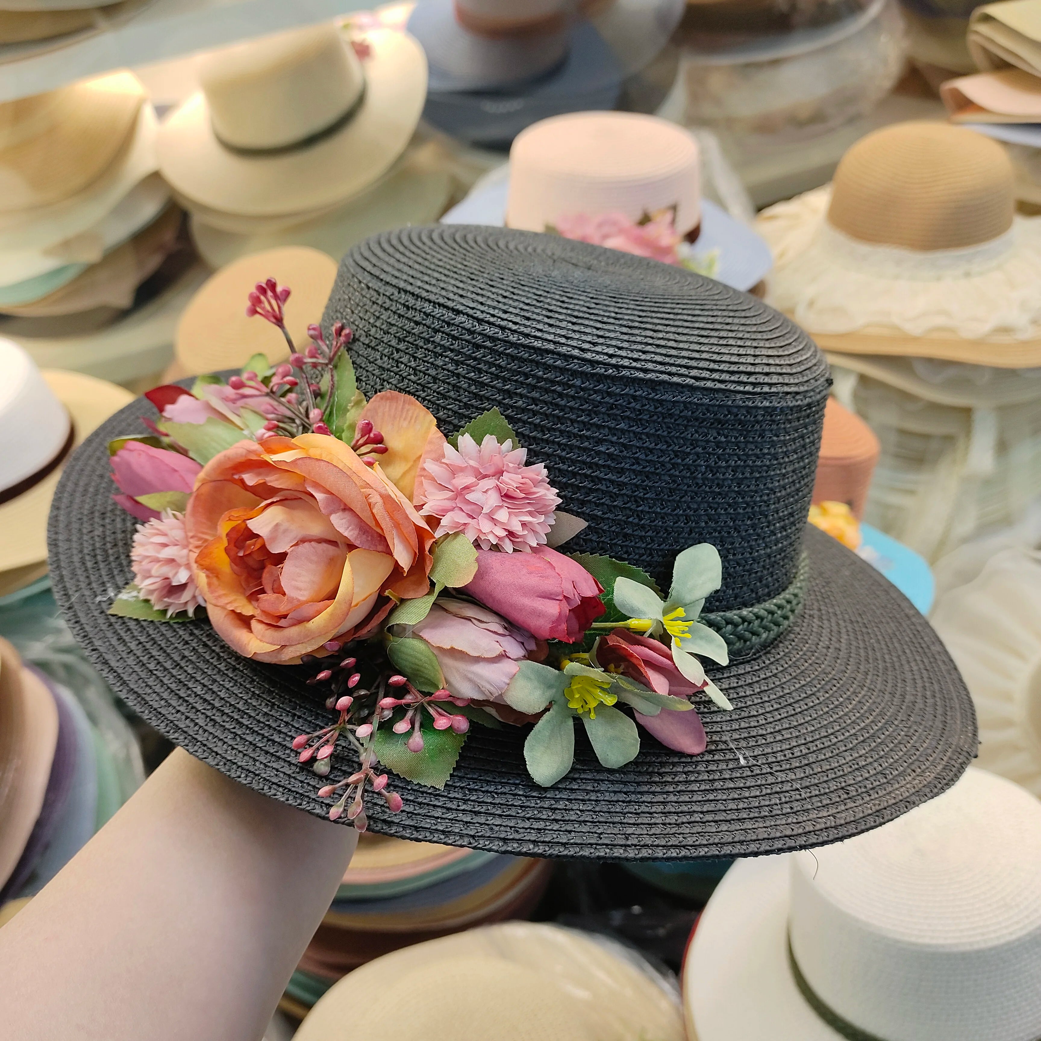 flower hat sunscreen women's flat hat beach hat Barrel cap sun hat spring summer outdoor breathable sunshade straw hat wholesale