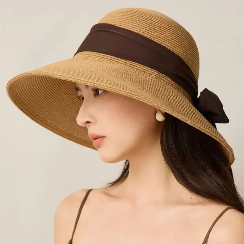 Summer Wide-Brimmed Sun Hat with Bow Ribbon Holiday Outing Sun Protection Straw Fisherman's Hat