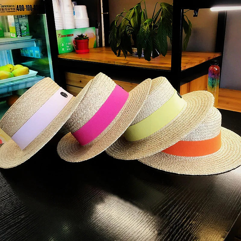 2026 Letter Raffia Boater Hats Women Summer Hat with Ribbon Band Flat Top Sun Hat Wide Brim   Ladies Canotier Beach Hat