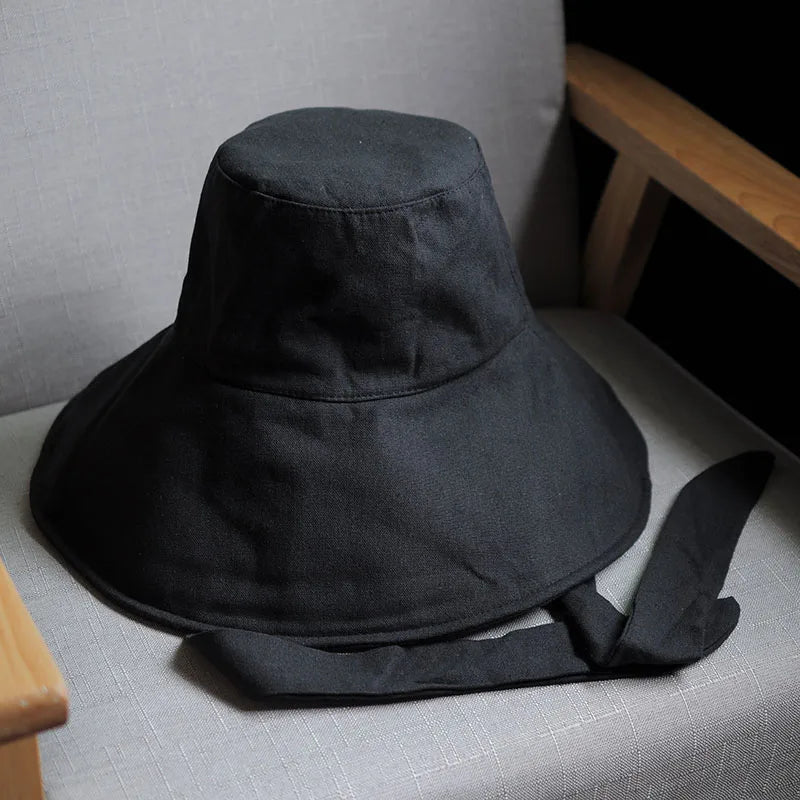 New Summer Spring Japanese Tie Bucket Hat Women's Korean-style Big Eave Fisherman Foldable UV Cotton Linen Beach Strap Sun Hat