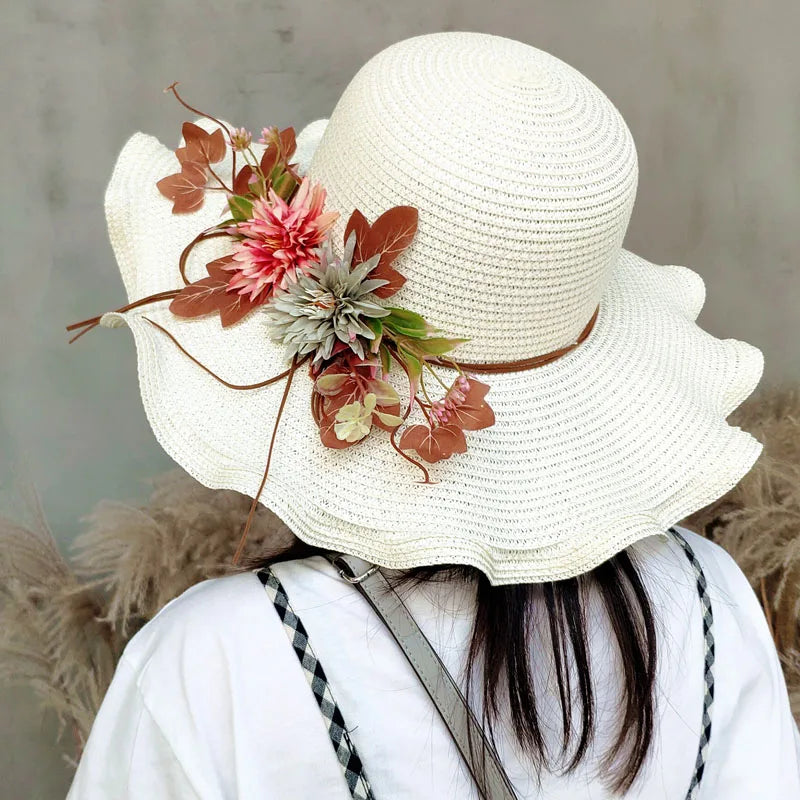 Summer Women Straw Hat with Flowers Wide Brim Wavy Brim Straw Hat Panama Hats Female Lady Outdoor Foldable Beach Sun Cap