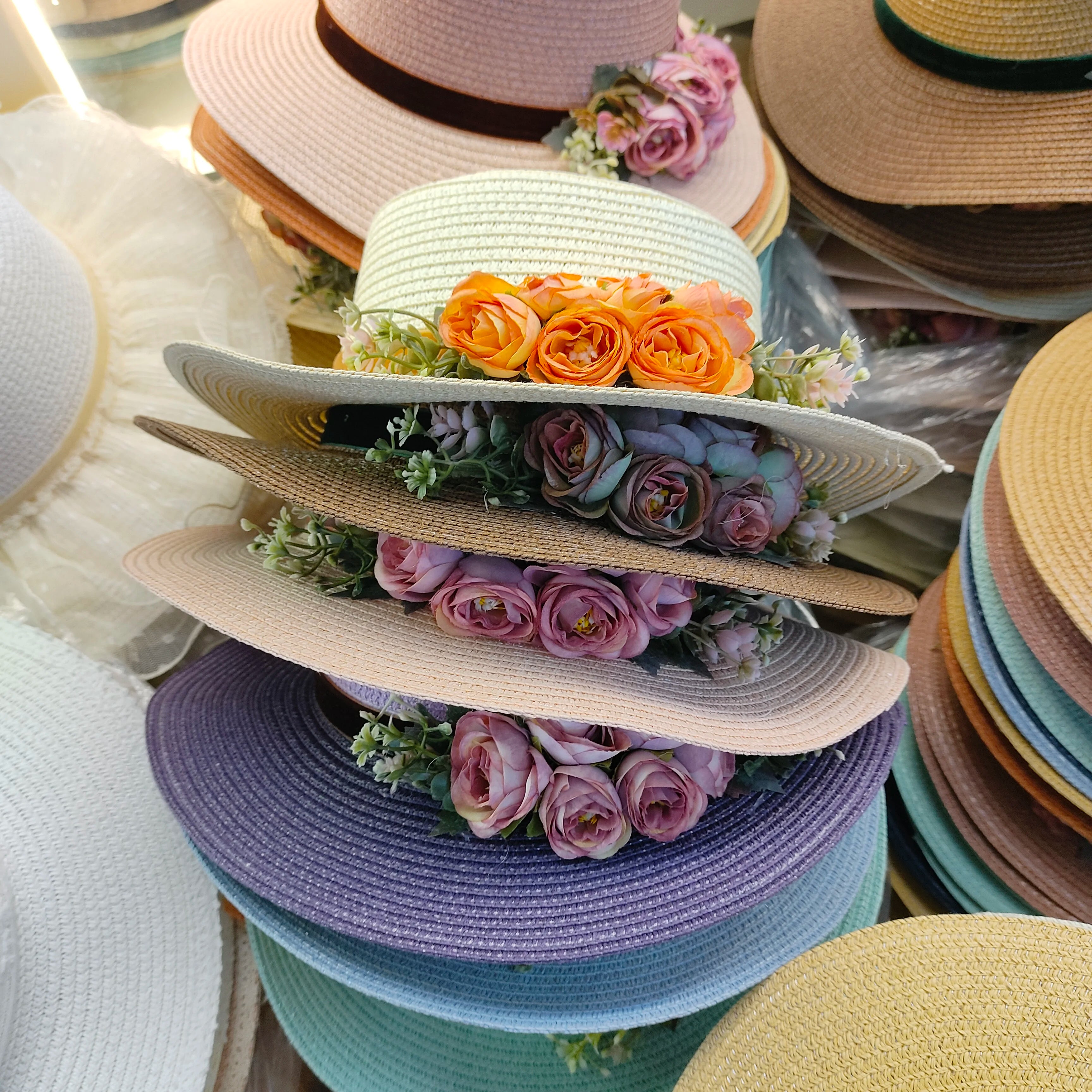 flower hat sunscreen women's flat hat beach hat Barrel cap sun hat spring summer outdoor breathable sunshade straw hat wholesale