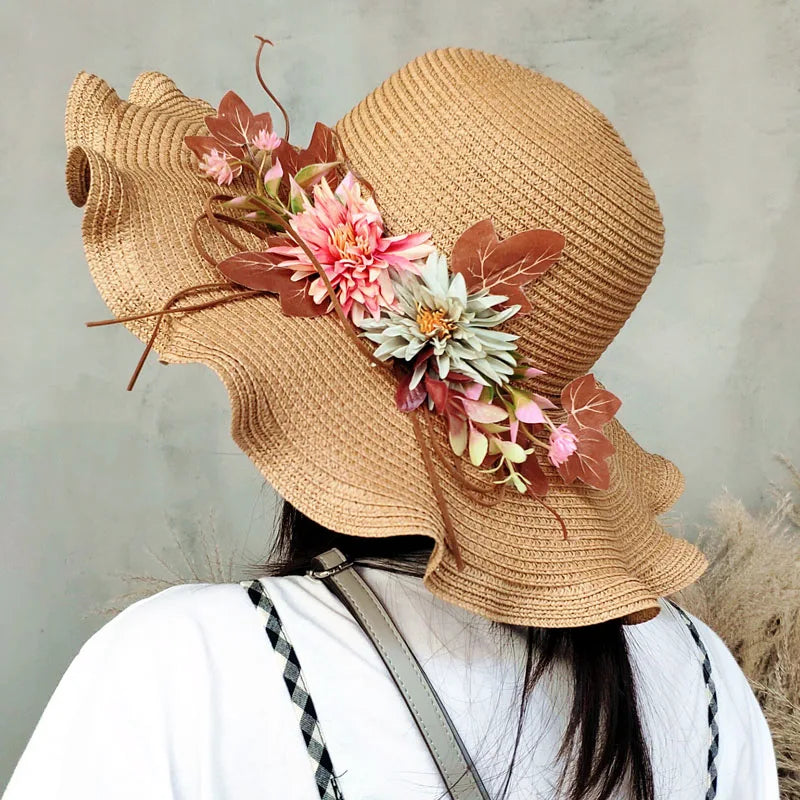 Summer Women Straw Hat with Flowers Wide Brim Wavy Brim Straw Hat Panama Hats Female Lady Outdoor Foldable Beach Sun Cap