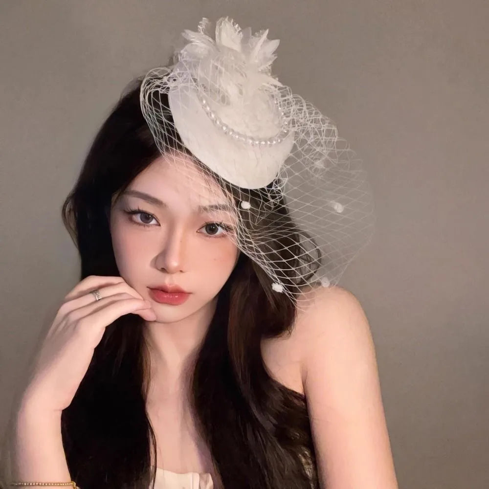 New Elegant Bridal Headwear Pearl Flower Mesh Wedding Veil Hat Temperament Vintage Pillbox Hats For Women